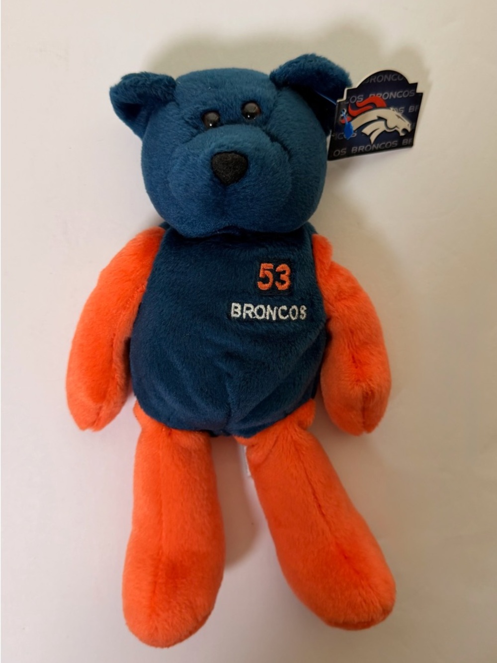 Vintage NFL Bill Romanowski Blue and Orange Plush Bear #53 colllectible NWT
